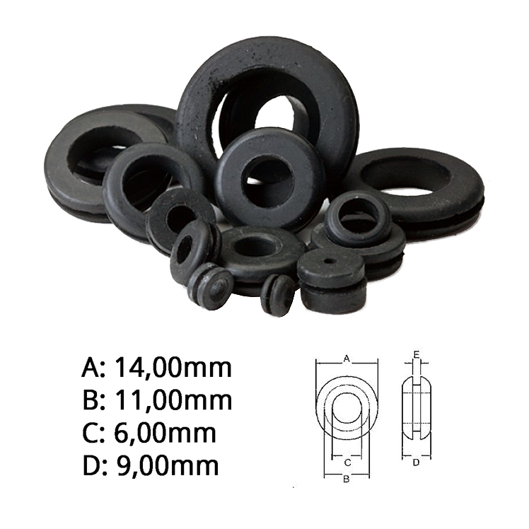Pasacables Goma Negro øInt:6mm øTotal:13mm øMecanizado 10mm