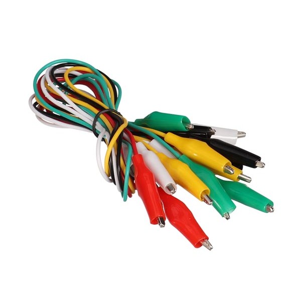 JUEGO DE 10 CABLES - 50 cm - 5 COLORES - PINZAS COCODRILO AISLADAS - 27 mm