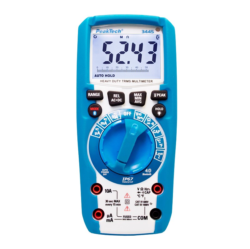PeakTech® 3445 Multímetro Digital ~ 6000 Counts ~ 1000V AC/DC ~ TrueRMS, Bluetooth, IP67 con Botones Iluminados