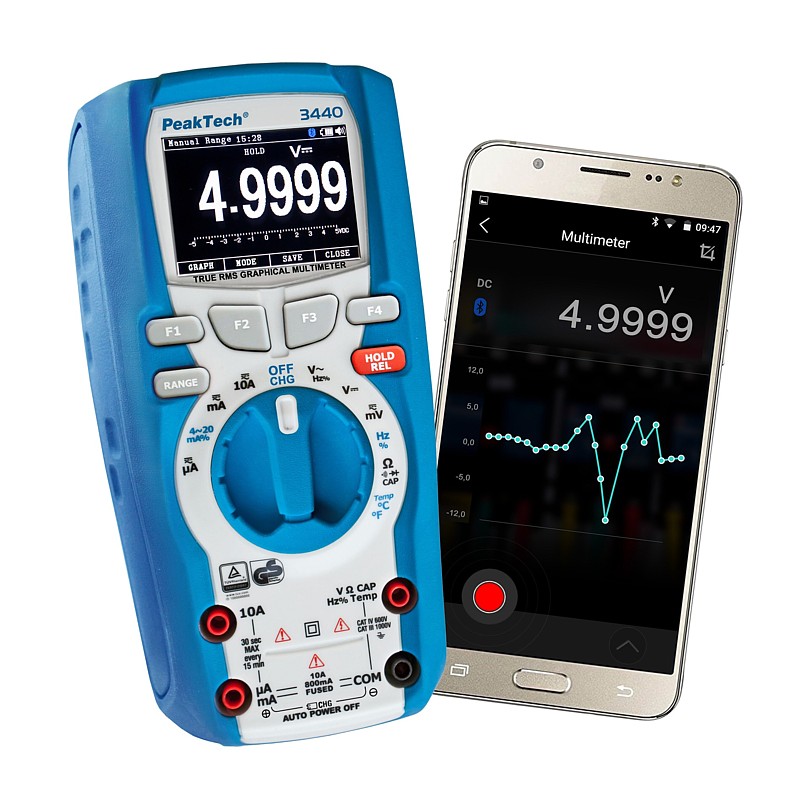 PeakTech® 3440 Multímetro Gráfico TrueRMS ~ 50.000 Counts ~ 1000V AC/DC con Data Logger ~ Bluetooth 4.0