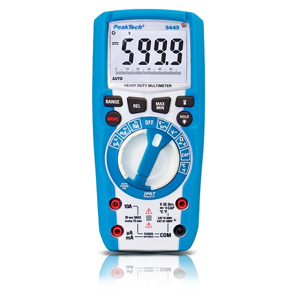 PeakTech® 3443 Multímetro digital ~ 6000 cuentas ~ 1000V AC / DC ~ IP67 con botones de función iluminados