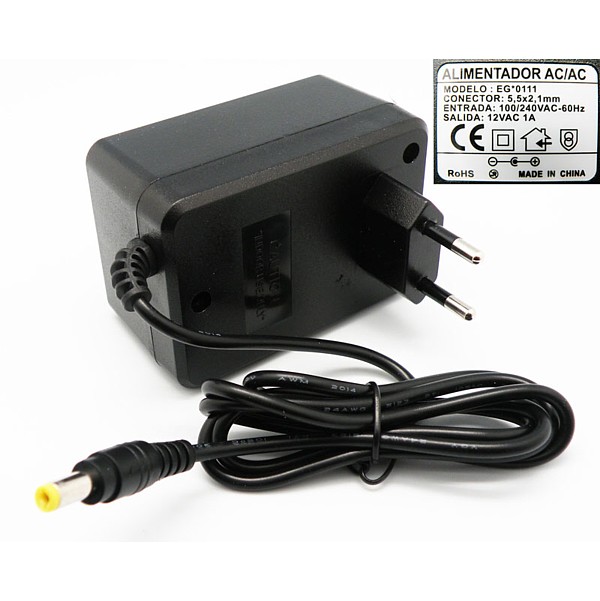 Alimentador Corriente Alterna 12Vac-1Amp jack 5,5x2,1mm